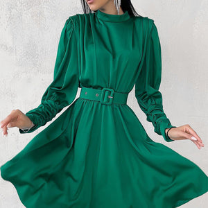 Green Satin Stand Collar Long Sleeve Flare Midi Casual Dress with Belt