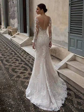 Load image into Gallery viewer, Long Sleeve Deep V Neck Backless Small Train Mermaid Wedding Dress
