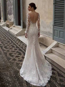 Long Sleeve Deep V Neck Backless Small Train Mermaid Wedding Dress