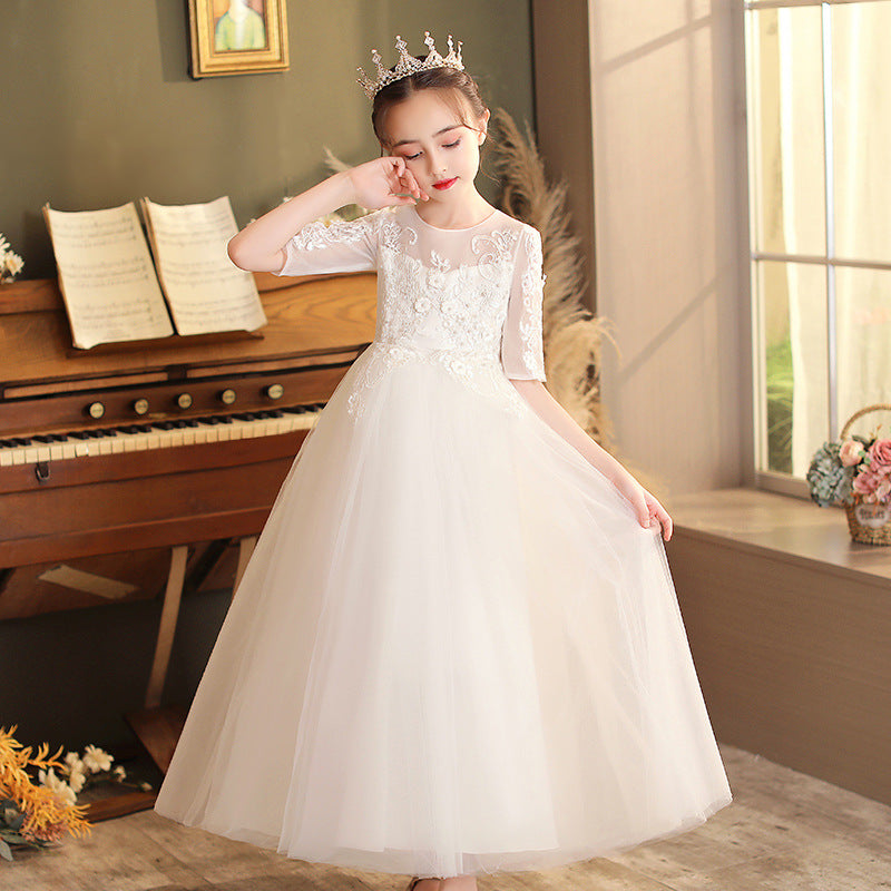 Half Sleeve Long Puffy White Flower Girl Dress