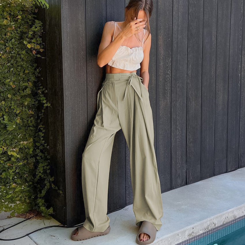 Green Loose High Waist Floor Length Casual Pencil Pants