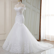 Load image into Gallery viewer, White Lace Big Train V Neck French Style Bridal Wedding Dress
