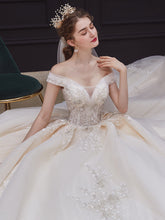 Load image into Gallery viewer, White Off Shoulder Embroidery Applique Fairy Big Train Elegant French Style Wedding Gown
