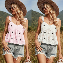 Load image into Gallery viewer, Polka Dot Spliced Tasseled Backless White Spaghetti Tank Top
