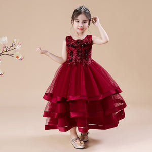 110-160cm Kids Handmade Beaded Lace Wedding Flower Girl Dress Long Satin Performance Princess Dress