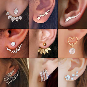 Crystal Sweetheart Pendant Asymmetrical Leaves Ear-hook Stud Earrings