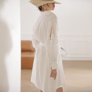 White Long Sleeve Hollow Out Embroidery Slim Shirt Dress