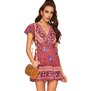 Guangzhou wholesale short sleeveless sexy V-neck bohemian floral boho dress summer