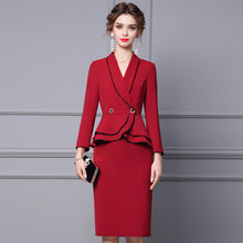 Load image into Gallery viewer, Autumn New Design Maroon Blazer Skirt Faux Two Piece Peplum Frilled Pencil Formal Dress
