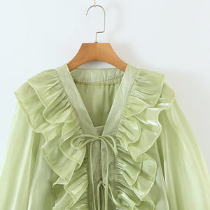 2022 Autumn New Design Two Colorway Ruffle Tiered Tie Shirt Blouse