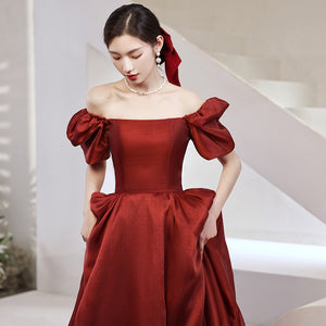 2022 Maroon White Marriage Bridal Dress Puff Sleeve Slim Long Flare Evening Dress