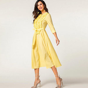 Elegant generous lady wear O neck 3/4 sleeve ruffled bandaged solid color ankle length cotton casual yellow long dress