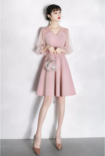 Load image into Gallery viewer, Pink Spliced Three Quarter Sleeve Flare Party Dress Short Bridesmaid Evening Dress
