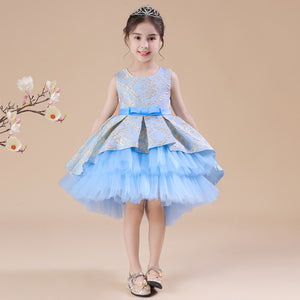 2-12Y Kids Fancy Dress Flower Girl Jacquard Puffy Performance Dress