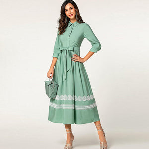 Green elegant elbow sleeve bandage lady wear ruffle lace long button shirt latest formal dress patterns