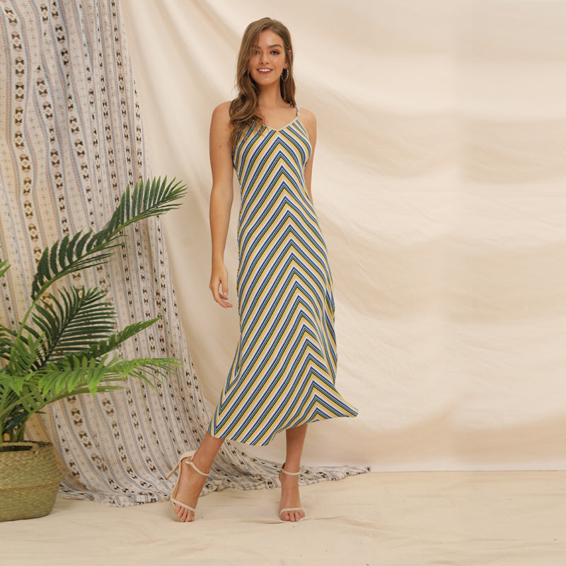 Spaghetti V Neck Stripe Midi Dress