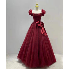 Laden Sie das Bild in den Galerie-Viewer, Burgundy Bridal Dress Puff Sleeve Long Princess Dress Stage Performance Birthday Puffy Evening Dress
