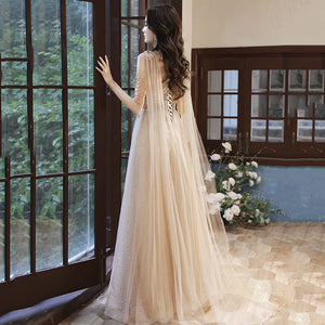 Champagne Tasseled Sequin Embroidery Tulle Evening Dress