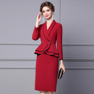 Autumn New Design Maroon Blazer Skirt Faux Two Piece Peplum Frilled Pencil Formal Dress