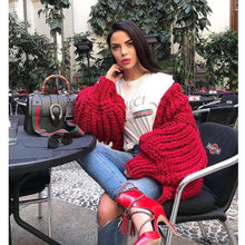 Cargar imagen en el visor de la galería, Women&#39;s Handmade Knit Batwing Lantern Sleeve Sweater Cardigan Outerwear
