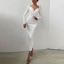 Load image into Gallery viewer, Ruched V Neck Long Sleeve Belted Midi Pencil Dress
