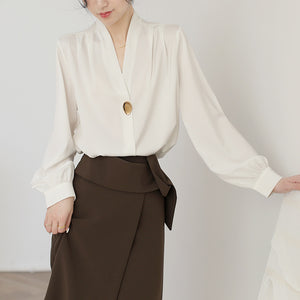 Elegant V Neck Satin Draped Slim Blouse