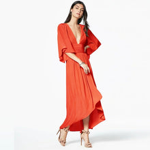 Load image into Gallery viewer, Amazon hot bohemian solid color deep v neck boho clothing high split lantern sleeve sexy dress
