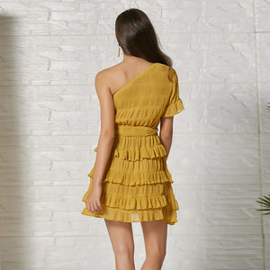 hot sale 100% polyester women clothing casual short mini yellow dress summer with waistband