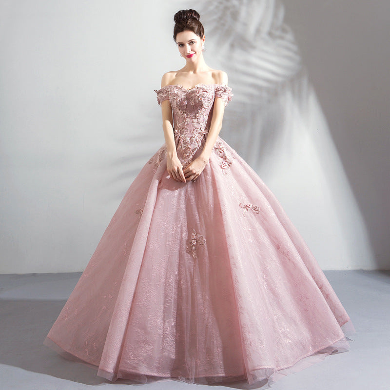 Bridal Dress 2022 New Design 3D Flower Striped Banquet Princess Off Shoulder Dusty Pink Puffy Evening Dresses