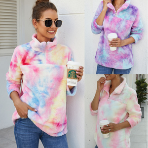 mom and daughter rainbow fuzzy sweatshirt shaded color outwear