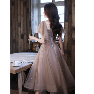 Flare Short Sleeve Sequin Embroidered Princess Bridesmaid Evening Dress