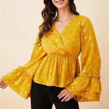 Cargar imagen en el visor de la galería, Yellow long sleeve chiffon v neck peplum blouse
