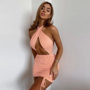 women sexy halter neck hollow out ruched mini bodycon dress