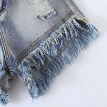 Load image into Gallery viewer, High Waist Destressed Tassel Denim Shorts
