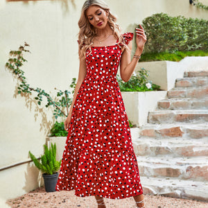 2022 Summer Square Neck Sexy Polka Dot Midi Flare Casual Dress