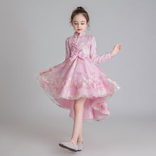 Load image into Gallery viewer, 110-160cm Children Long Sleeve Autumn Ethnic Style Chinoiserie Cheongsam Tulle Princess Dress Junior Performance Dress
