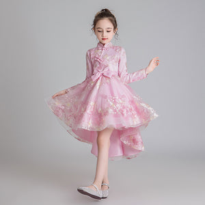 110-160cm Children Long Sleeve Autumn Ethnic Style Chinoiserie Cheongsam Tulle Princess Dress Junior Performance Dress