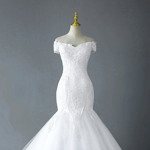 2022 New Design Elegant V Neck Mermaid Bridal Dress with Sweeping Train