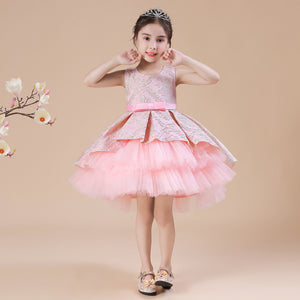 2-12Y Kids Fancy Dress Flower Girl Jacquard Puffy Performance Dress