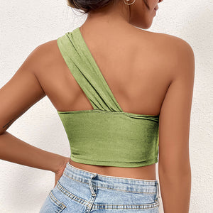Solid Spliced Sexy Backless One Shoulder Criss Cross Crop Tank Top