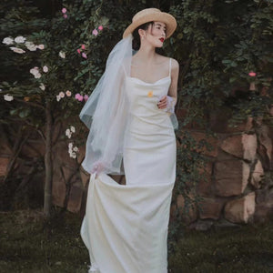 French Style Light Fairy White Bridal Dress Simple Satin Spaghetti Evening Dress