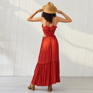 Summer beach bohemian clothing maxi dress casual solid red Spaghetti strap dress sexy v neck backless dresses women