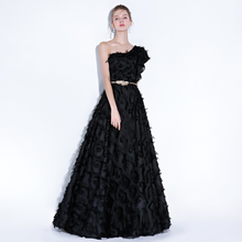 Load image into Gallery viewer, Short Puff Sleeve One Shoulder 3D Jacquard Chiffon Tassel Long Short Flare Evening Dress Gowns
