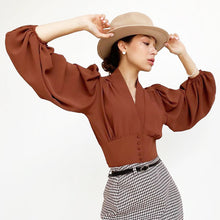 Load image into Gallery viewer, French Style V Neck Lantern Sleeve Slim Blouse Shirt
