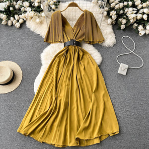 Heavy Craft Pleated Long V Neck Chiffon Holiday Fairy Dress