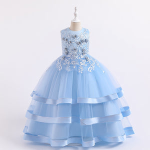 110-160cm Kids Handmade Beaded Lace Wedding Flower Girl Dress Long Satin Performance Princess Dress