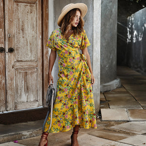 Europe America High Quality Amazon Hot Sale 2020 Elegant Floral Long Wrap Dress