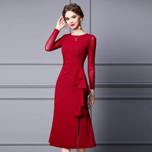 Load image into Gallery viewer, 2022 New Design Long Sleeve Autumn Maroon Slim Frilled Midi Formal Dress
