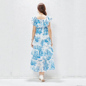 Elegant Mature Vintage Blue Floral Midi Ruffle Tiered Flare Casual Dress