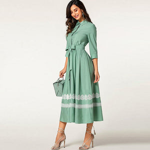 Green elegant elbow sleeve bandage lady wear ruffle lace long button shirt latest formal dress patterns